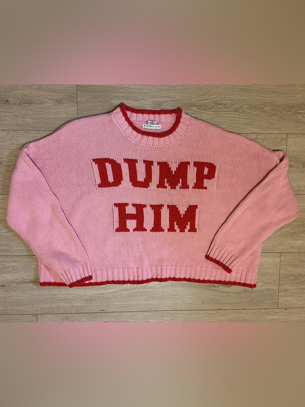 Sincerely Jules DUMP HIM Pink Crew Neck Chunky Sweater with Red Trim - preppy